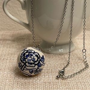 Pendant Necklace Ceramic Painted Ball 32” Silver Tone Chain